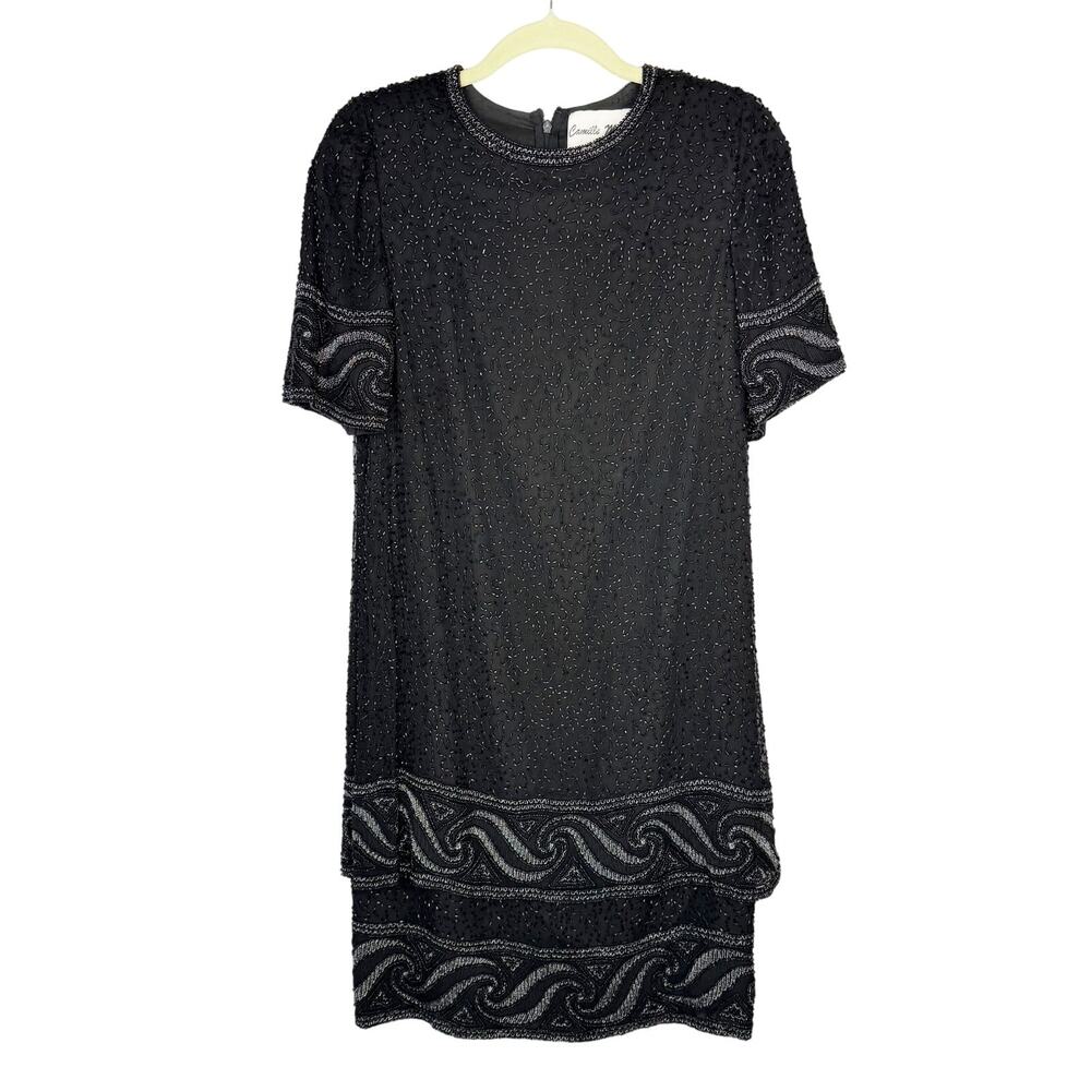 Vintage Camille Marie Black Beaded Wave Tiered Silk‎ Short Sleeve Dress Sz Small